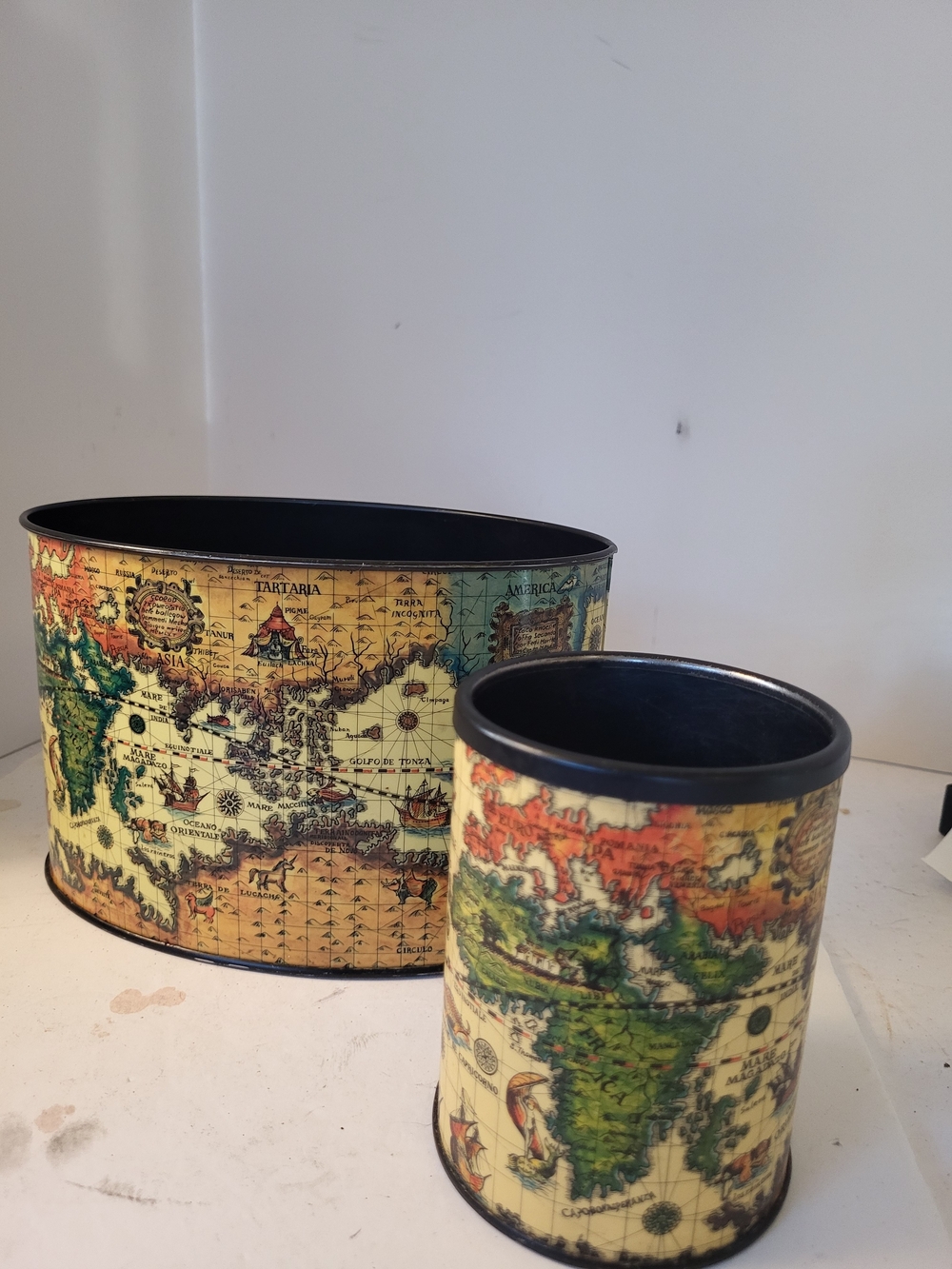 Mid-Century Tin Litho Old World Map 2pc Desk  Set Japan